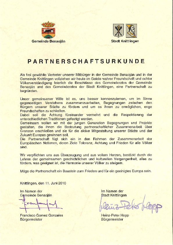 Partnerschaftsurkunde von Benaoján