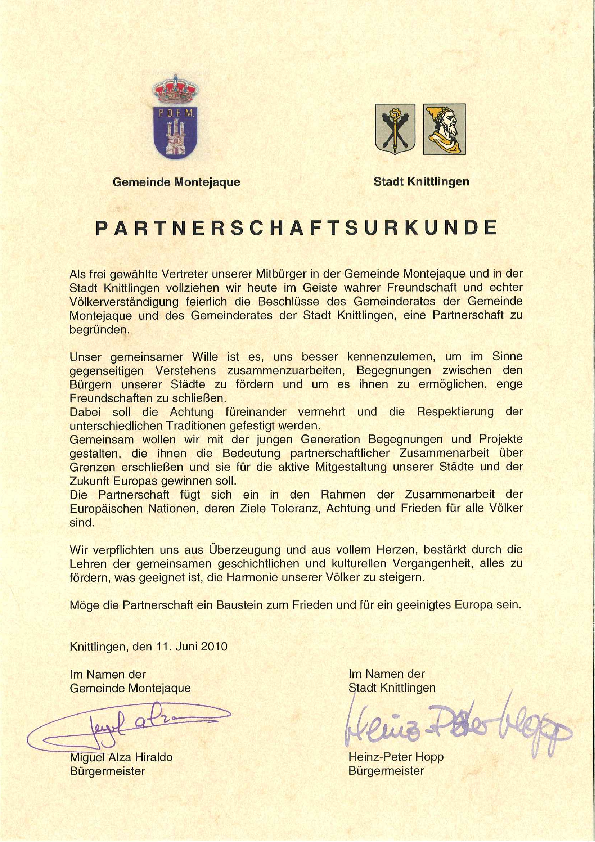 Partnerschaftsurkunde von Montejaque